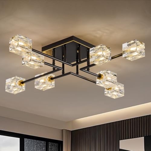 Image of Modern Black Gold Sputnik Chandeliers 8-Light Crystal Semi Flush Mount Ceiling Light Industrial L 31.5 inch Chandelier Lighting for Living Room Dining Room Foyer Entryway Kitchen Bedroom