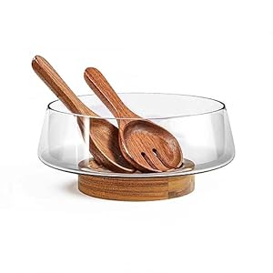Extra Large Glass Salad Bowl Set – Party Salad Bowls with Acacia Wood Base and Serving Utensils – Elegant and Practical Kitchen Must-Have
