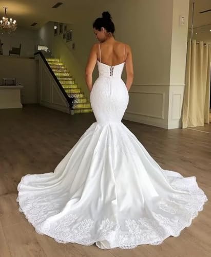 Vestidos de baile de cetim com alças finas, cauda com cadarço, corpete sereia, vestido de noiva plus