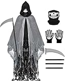 Grim Reaper Costume, Halloween Hooded Cloak, Scary Halloween Cosplay Costumes for Adult, Grim Reaper Cape with Scythe, Skull Mask, Skeleton Gloves Glow in The Dark Black