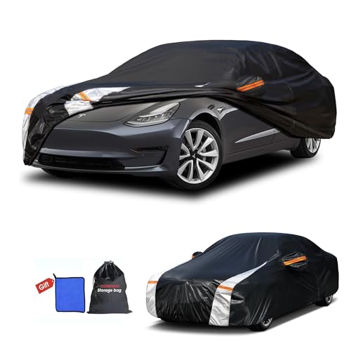 Image of 12-Layer Custom Fit Car Cover for Tesla Model 3 (2017-2026), Upgraded Waterproof All-Weather Full Exterior Cover with Door Zipper, for Snow Rain Dust and Sun UV Protection-Black.