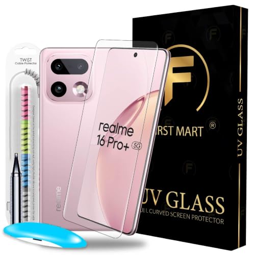 Image of FIRST MART Tempered Glass for Realme 16 Pro Plus With UV Installation Kit | Military-Grade Gorilla Screen Protector and Cable Guard | Edge to Edge Coverage | Crystal Clear