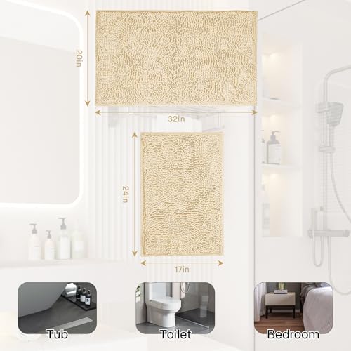 Image of Bathroom Rugs 2 Pieces Chenille Bath Rug Mat, Extra Thick and Soft Absorbent Bath Rugs, Machine Washable, Non-Slip Plush Bath Mats for Tub, Shower, and Bath, (Milk White, 32 inchx20 inch+24 inchx16 inch)