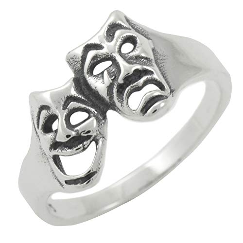 9mm Smile Now Cry Later Masks Ring Oxidized 925 Sterling Silver Thalia Melpomene Sizes 4-10