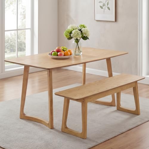 Image of HNY 63 inch Rectangular Wooden Dining Table with Bench, Farmhouse Dining Table Set for 4-6 People, Kitchen Table with Bench, Kitchen Table Set for Living Room /Restaurant, Oak
