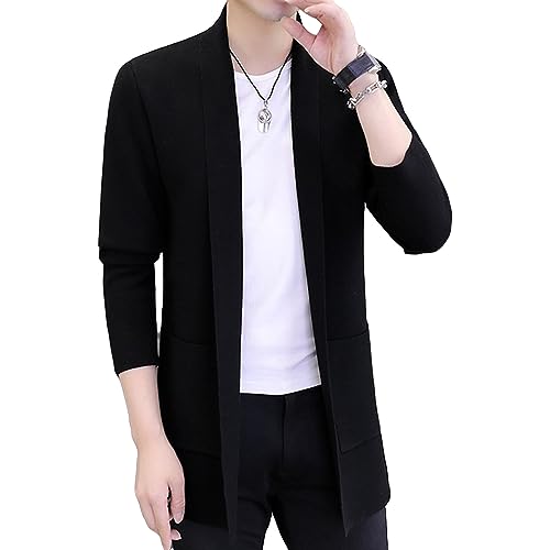 Mens Open Front Long Cardigan Winter Long Sleeve Draped Sweater Casual Cable Knit Ribbed Sweaters With Pockets