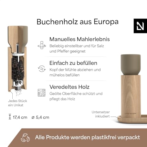 LARS NYSØM Salz und Pfeffermühle Holz Set - Manuelle Mühlen Keramikmahlwerk – Ansicht 4