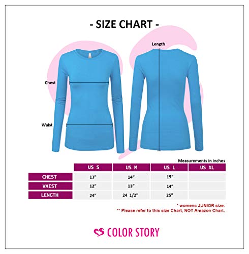 COLOR STORY Womens Junior Basic Solid Multi Colors Slim Fit Long Sleeve Round Neck Top (1100-Yellow, Small)