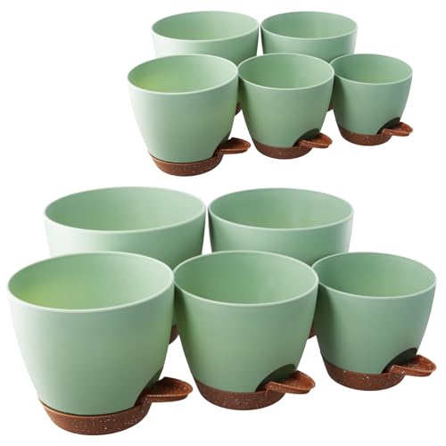 CHUENKUK Juego de 10 maceteros verdes con sistema de riego, maceta con sistema de riego, maceta de autoriego, juego de macetas para balcón, oficina, jardín