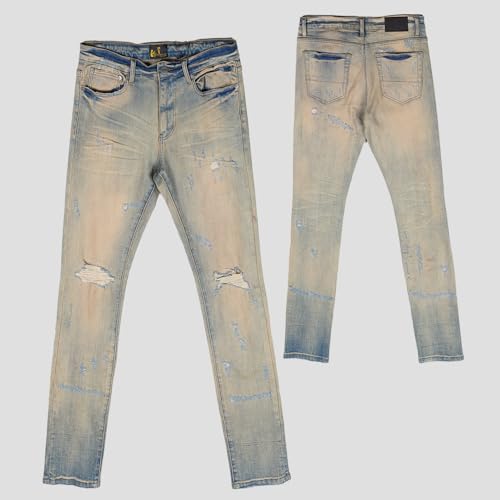 Men's Mid-Thigh Fitted Denim Jeans, Straight-Leg, with Frayed Holes and Tie-dye Design, Casual Streetwear Men's Jeans2