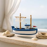 2er-Set Mini-Fischerboot Holz – Handbemalte Deko-Kutter auf Ständer Blau (7 × 10 × 3,5 cm) oder Rot (9 × 10 × 3,5 cm), Maritime Modellboote fürs Wohnzimmer, Bad & Büro, Geschenkidee (Blau ohne Fuß)