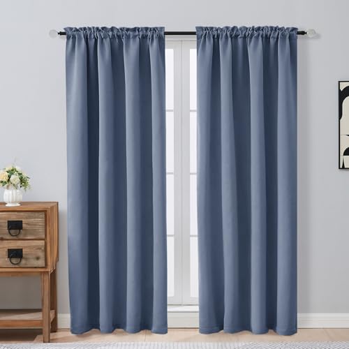Image of Denim Blue Blackout Curtains for Bedroom 72 Inch Length 2 Panels Set, Solid Thermal Insulated Energy Saving Window Curtains for Living Room, Dual Rod Pocket Window Drapes, 2x40Wx72L Inches