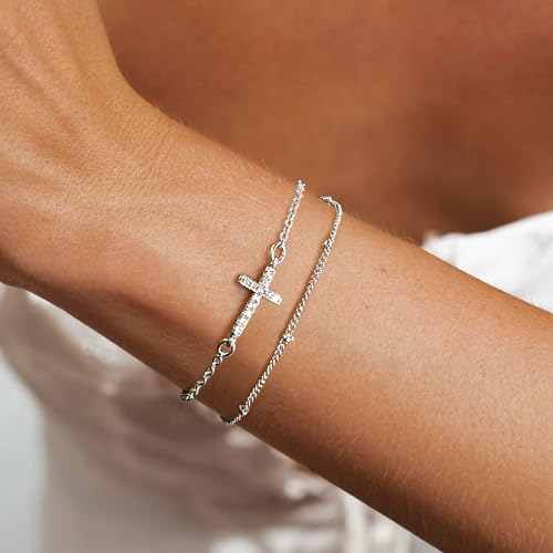 Layered Cross Bracelet for Women Adjustable 14K Gold Silver Plated Dainty CZ Sideways Cross Bracelet Beaded Satellite Double Chain Stack Bracelet for Women Faith Jewelry Religious Christian Gift2
