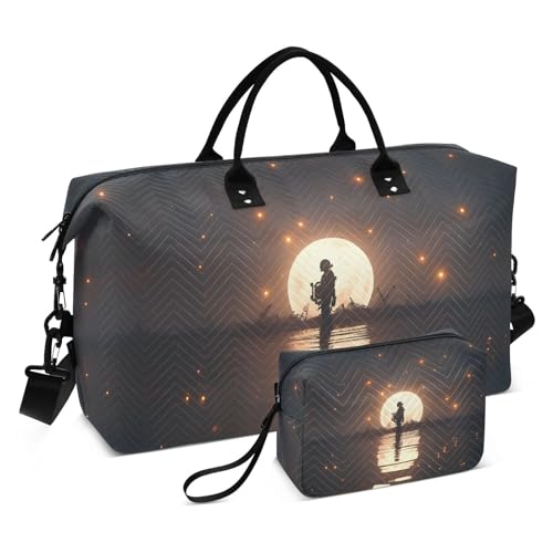 Large Travel Duffel Bag, Astronaut and Moon Sports Tote Gym Bag, Shoulder Weekender Overnight Bag for Women Men, Carry On Luggage with Toiletry Bags