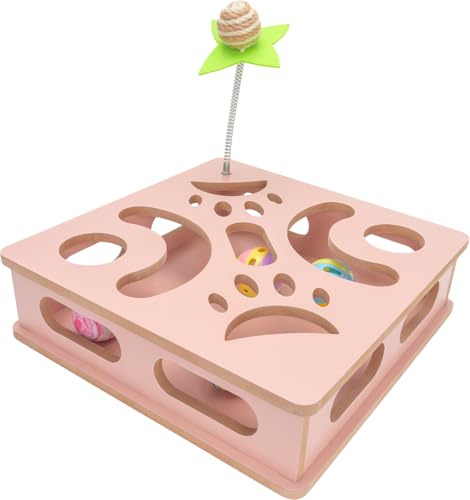 MUCAOL Interactive Wooden Cat Puzzle Toy Box Indoor Hunting Play Toy to Stimulate Your Cat’s Energy and Instincts (Pink) by MUCAOL - Used condition - US$14.18