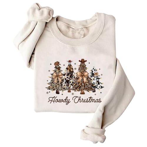 Image of TONGCHEN Retro Howdy Christmas Western Trees Sweatshirt Leopard Cowboy Cowgirl Christmas Sweatshirts Festive Winter (US, Alpha, Small, Regular, Regular, Khaki)