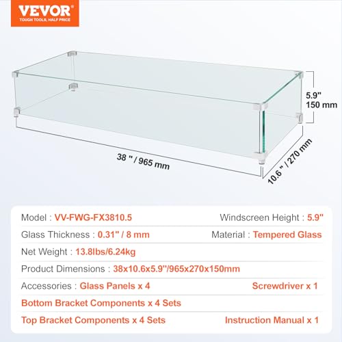 Image of VEVOR Fire Pit Wind Guard, 38 x 10.5 x 6 Inch Glass Wind Guard, Rectangular Glass Shield, 0.3 inch Thick Fire Table, Clear Tempered Glass Flame Guard, Steady Feet Tree Pit Guard for Propane, Gas, Outdoor