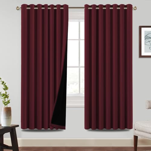 BellaHills 100% Blackout Curtains Eyelet Thermal Insulated Curtains for Living Room Heat and Full Light Blocking Window Treatments with Black Liner 2 Panels, 90 x 72 Inch, Burgundy
