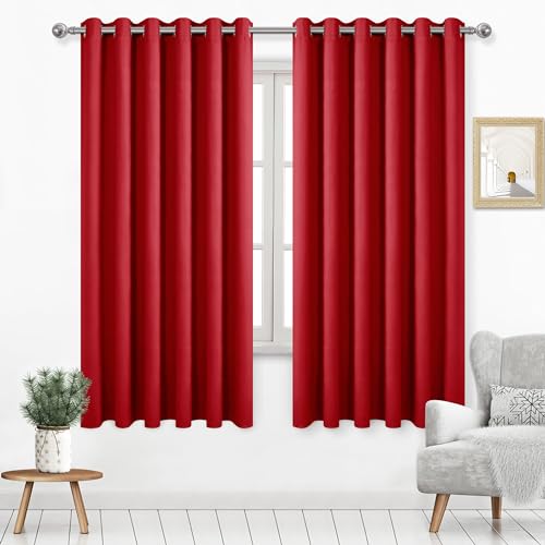 DWCN Red Curtain 63 Inches Long, 70 Wide Inch Blackout Drapes for Bedroom, Solid Thermal Living Room Panels - Red, W70 x L63 Inch, Set of 2 by DWCN - Used condition - US$6.55