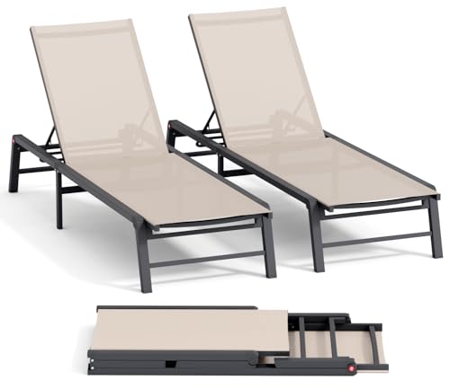 Chaise Lounge Outdoor Aluminum Outdoor Chaise Lounge Set of 2 Assemble Free Patio Lounger Poolside Lay Flat Sunbathing Adjustable Backrest Pool Lounge Chair