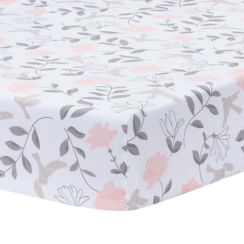 Image of Lambs & Ivy Petals White/Pink/Gray Floral 100% Cotton Fitted Crib/Toddler Sheet