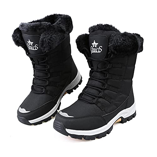 KUWIBY Winter Boots Women Snow Boots Waterproof Non-Slip Comfy Flats Warm Fur Lining Booties Ladies Outdoor Soft Lightweight Lace Up Walking Shoes Size 8 Black