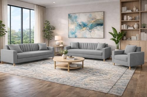Image of Casaliving Garcia 3+2+1 Seater Sofa Set for Living Room (Dark Grey Colour) Premium Fabric Sofa