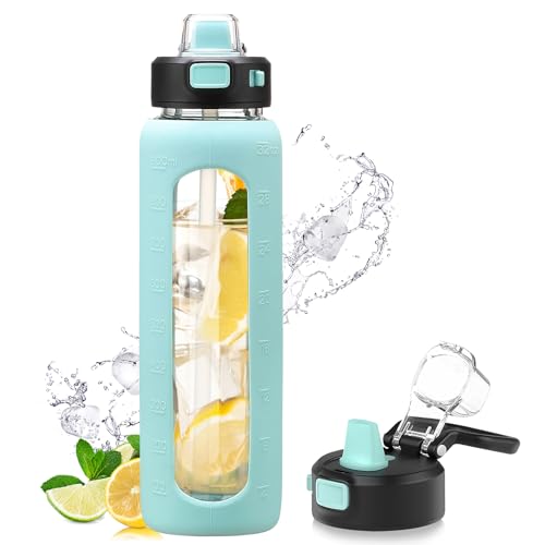 Kodrine 32 oz Glass Water Bottle with Straw and Carry Loop, One-Touch Leakproof Locking Lid, Reusable Drinking Bottle with Time Marker for Travel Home Gym Sports (light Blue)