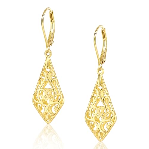 14K Gold Dangle Earrings for Women, Geometric Filigree...