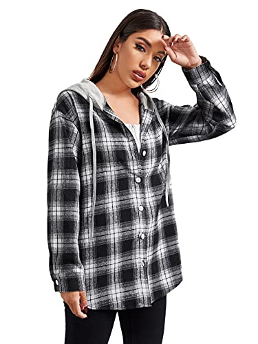 Shein Women's Plaid Drawstring Hooded Blouse Long Sleeve Button Down Work Hoodie Shirt Top Jackets Black And White Large #TOP2