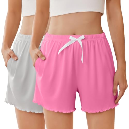 Image of Ekouaer 2 Pack Womens Pajama Shorts 2026 Summer Casual Lounge Sleep Short Ruffle Soft Comfy Pj Bottoms with Pockets
