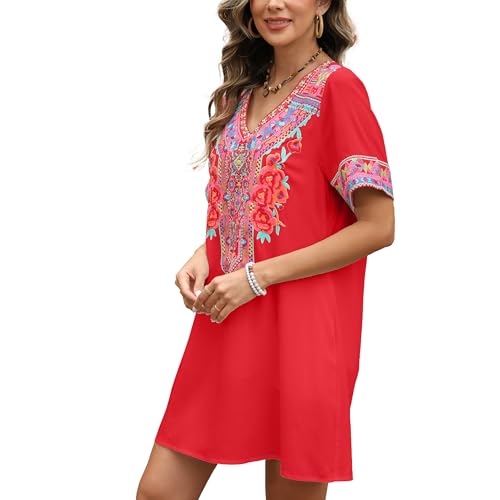 Image of Grosy Fiesta Embroidered Mexican Dress for Women Beach Vacation Plus Size Short Sleeve Summer Boho Dresses with Pocket