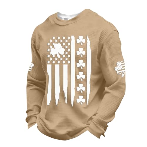 Funny Button Up Shirts for Men,St Patricks Day Shirt Men Waffle Long Sleeve Shamrock Irish Saint Pattys Tops Plus Size Crewneck Casual Sweatshirts(Medium,Beige)