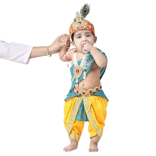 Image of Krishna Dress for Kids - FancyDress for Boys & Girls | Bal Krishna with Mukut, Flute & Accessories (Set of 10)| Janmashtami