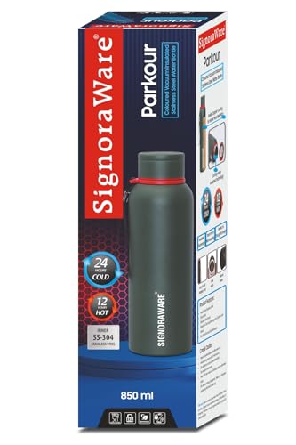 Image of SignoraWare Parkour Vacuum ISI Certified Stainless Steel Bottle With Hanging Strip | Airtight & Leakproof | Easy To Clean | Lightweight | Ideal for School, Office, Gym Or Outdoors (900ml | Black)