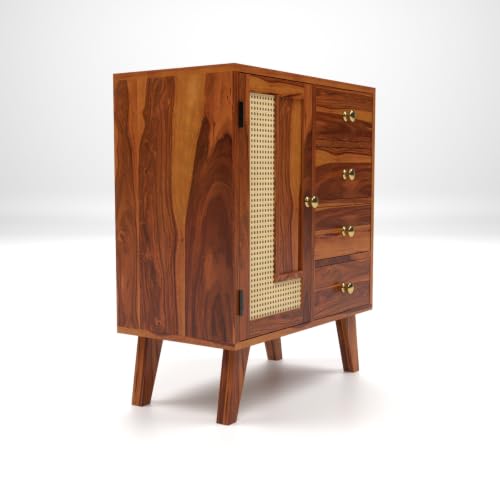 Image of Solid Sheesham Wood Chest of Drawers with Cane Panel | Wooden Storage Cabinet with 4 Drawers & 1 Door