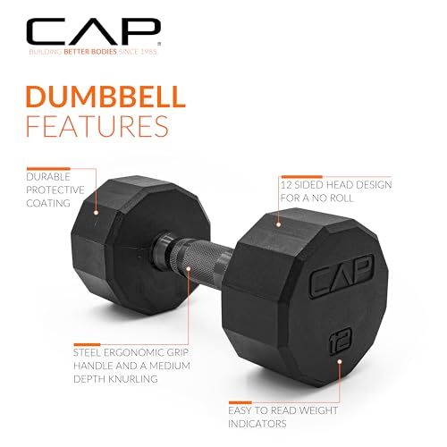 Image of CAP Rubber Coated Dumbbell Weights, Free Weights for Home Gym Strength Training, Anti-Roll Hex Dumbbells with Black, Chrome & Comfort Grip Handles, Singles