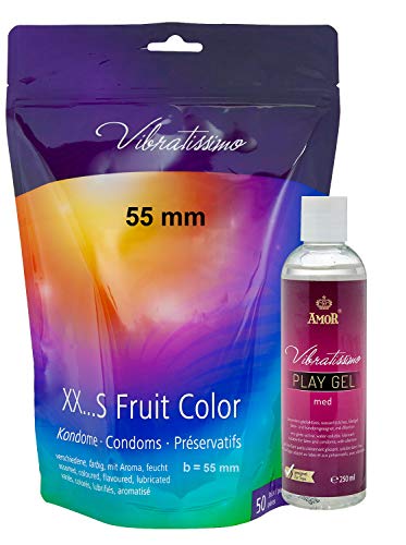 Amor Vibratissimo® "MiTalla FRUIT COLOR 55mm" 50 pack preservativos + 250ml lube, condones para una sensación auténtica Cover