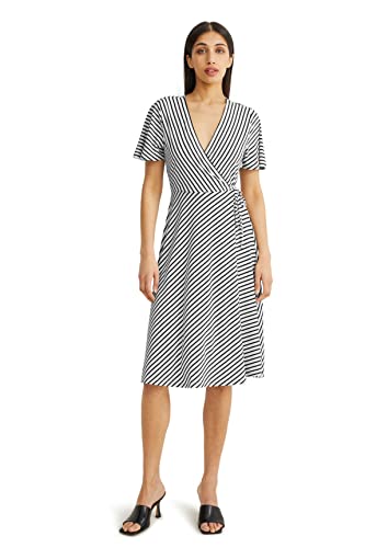 C&A Damen Kleid V-Ausschnitt Midi Wickel-Form Kleider schwarz/weiß M