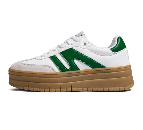 LUCKY STEP Women's Platform Gum Thick Sole Fashion Sneakers Classic Retro Rubber Low Top Casual Tennis Skate Walking Shoes(White/Green,7)