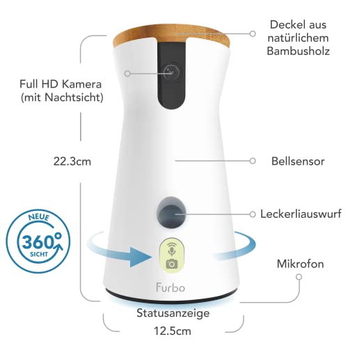 Furbo 360° Hundekamera [Basic Kamera]: Haustierkamera mit App, Rotierende 360° Sicht, Farbnachtsicht, Tracking, Leckerliwurf, Bell-Alarm, der Favorit von Haustierbesitzern auf der ganzen Welt