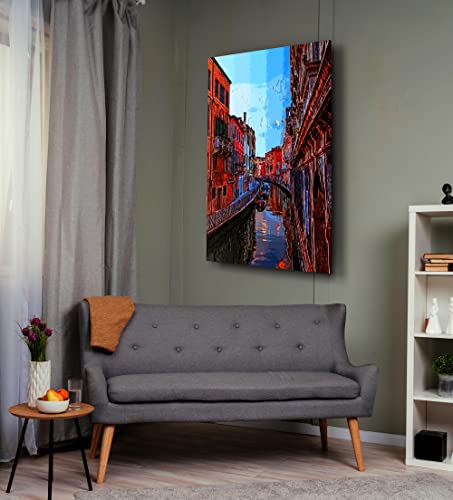Venice Wall Art Grand Canal Between Narrow Italian Houses Glass Canvas Print Small Town Landscape Painting Tour Guide Gift Idea Architectural Decor Glass Canvas Print Girls Bedroom Decoration #TOP2