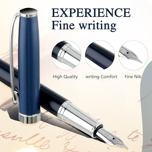 TIESOME Metal Fountain Pen Set, 0.5mm Fine Nib Fountain Pen with 10 2.6mm Black Ink Cartridges Luxury Calligraphy Pens Smooth Writing Pen Gift for Office School Business Supplies(Blue) - Image 2