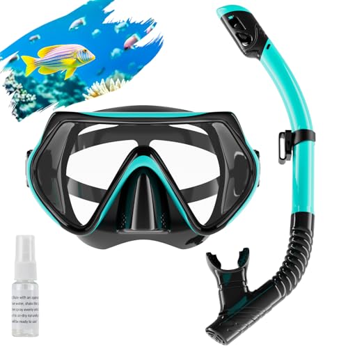 Snorkel Set Adults Scuba Snorkelling Packages with 180 Panoramic Anti-Fog Tempered Glass Snorkel Mask Leak Proof Dry Top Snorkel for Snorkeling Diving Swimming with Anti Fog Spray (Green 1 Pack)