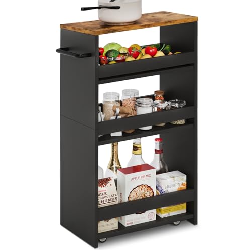 TEAMIX 4 Tier Slim Storage Cart with Handle, Slide Out Storage Rolling Utility Cart Mobile Shelving Unit Organizer Trolley for Small Spaces Kitchen Laundry Narrow Places (Black+Brown, 7-7/8'' W)
