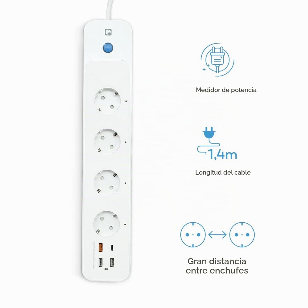 Garza Smart - Regleta Inteligente WiFi + 4 enchufes + 2 USB A + USB C + USB 3.0 | Cable 1,5 m | Carga Rápida | WiFi 2.4GHz | Programable | Medidor Consumo | Control App y Voz | Alexa/Google