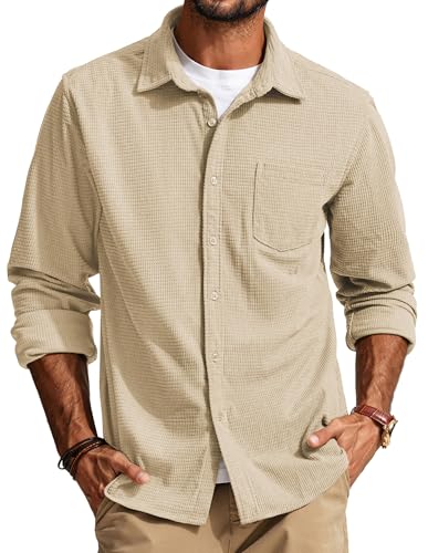 PJ PAUL JONES Men Shirt Long Sleeve Untucked Shirt Waffle Texture Wrinkle Free Shirts for Casual Apricot