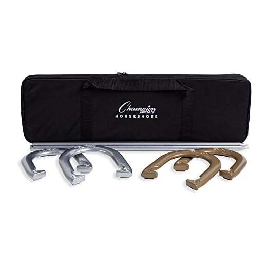 Champion Sports Tournament Horseshoe Set: Classic Outdoor Lawn Game includes Two Chrome & Two Brass Plated Professional Horseshoes with Solid Steel Stakes & Carrying Case