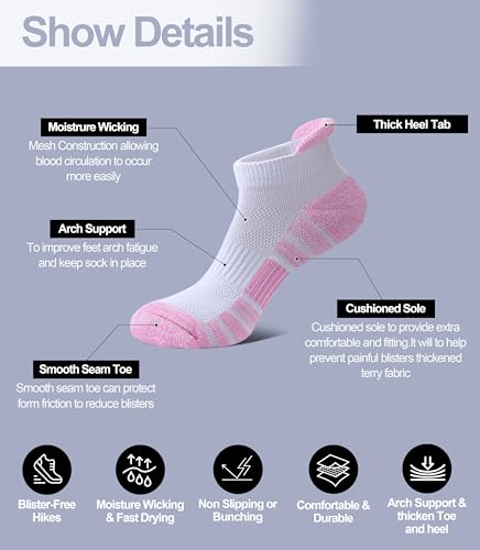 Ankle Socks for Women Running Athletic Thick Cushioned Wicking Low Cut Compression No Show Tab Socks 5 Pairs3