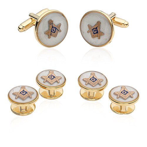 Cuff-Daddy Mens White Freemason Cufflinks for Men with Shirt Studs | Masonic Tuxedo Formal Set Enamel Cufflinks and Studs with Travel Presentation Gift Box for Wedding Party Groomsmen Groom